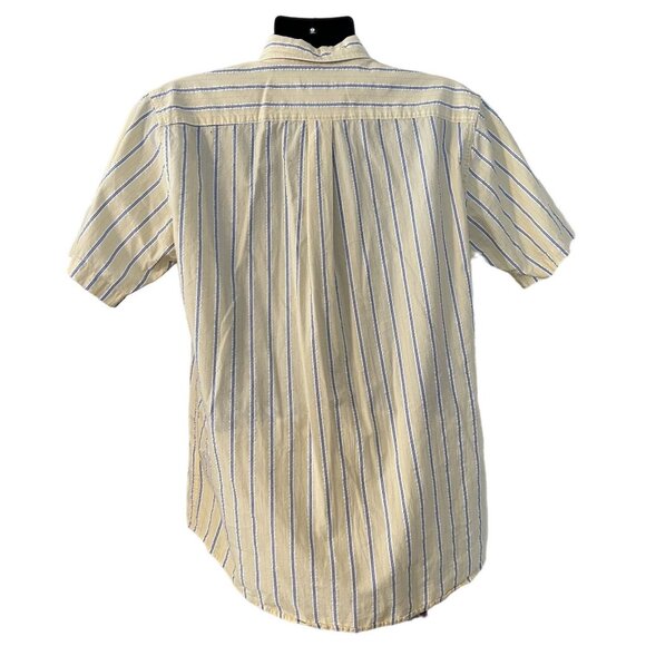 Land's End men's yellow short sleeve button front shirt size M , blue stripes, - Picture 3 of 7
